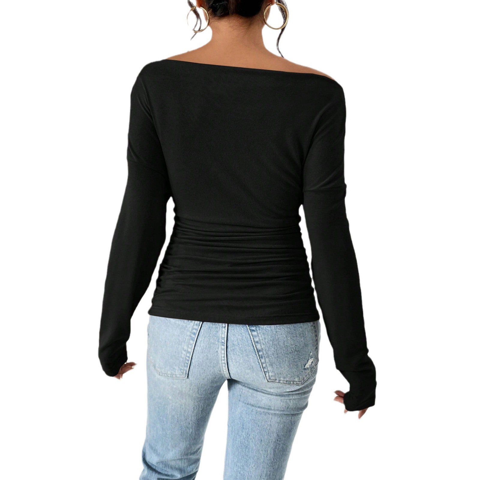 thumbnail image 4 of Blusa asimétrica con hombros descubiertos para mujer: camisa ajustada de manga larga con fruncidos para salir en otoño, 4 of 4